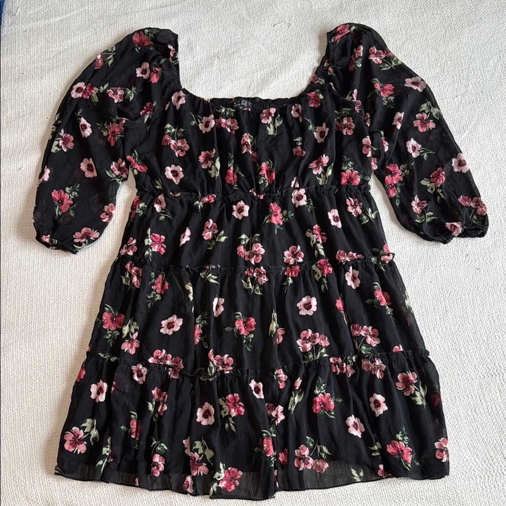 Floral Puff Sleeve Square Neck Dress